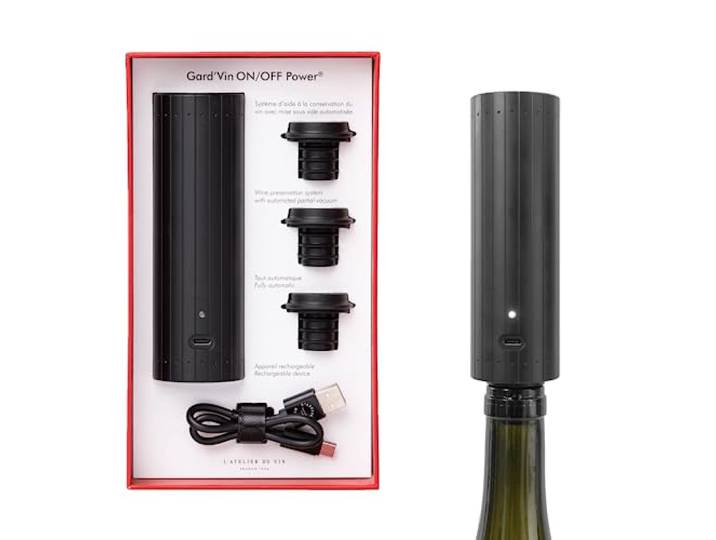 L’ATELIER DU VIN – Elektrische Weinpumpe Gard’Vin On/Off Power + 3 Stopfen – Bewahrt die Aromen Ihrer geöffneten Flaschen