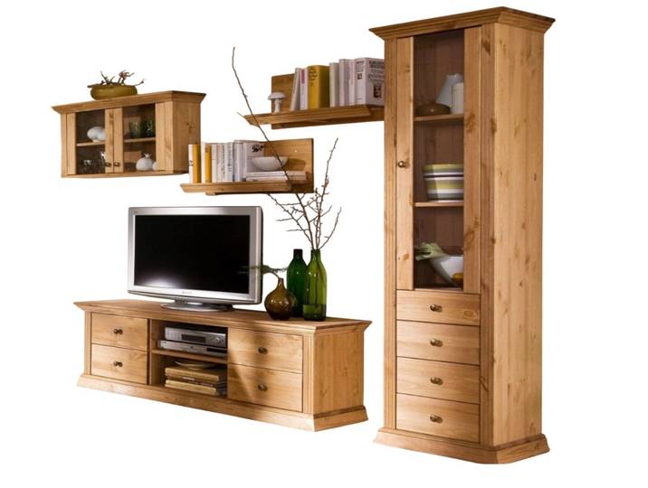 Clever-Moebel Wohnwand 5tlg. Wohnwand aus Kieferholz im Landhausstil TV Regal Schrank, (bestehend aus Vitrine, Lowboard, Hängeschrank, Wandregal 2er Set)