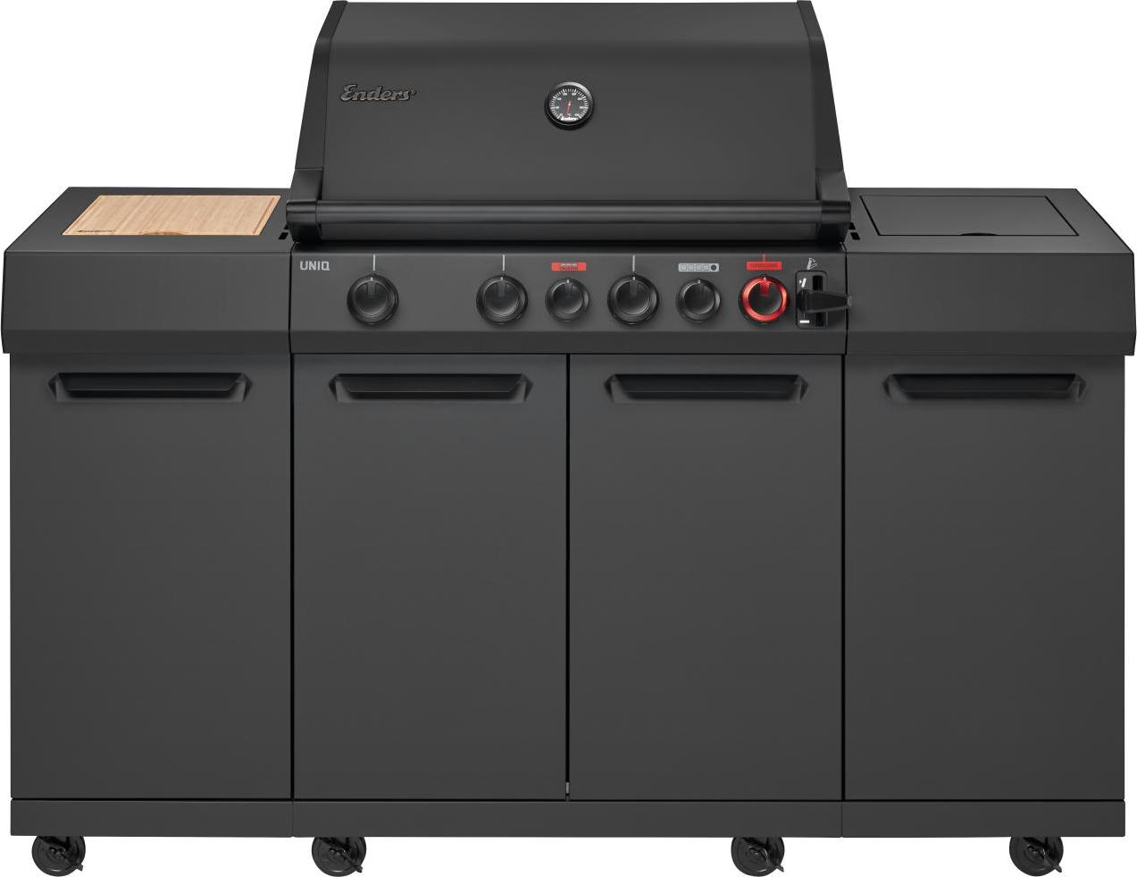 Gasgrill Enders Uniq 4 IK Kitchen Cruster Shadow mit 4 Brennern, Hochleistungshitzezone, Seitenablage, gusseiserner Rost