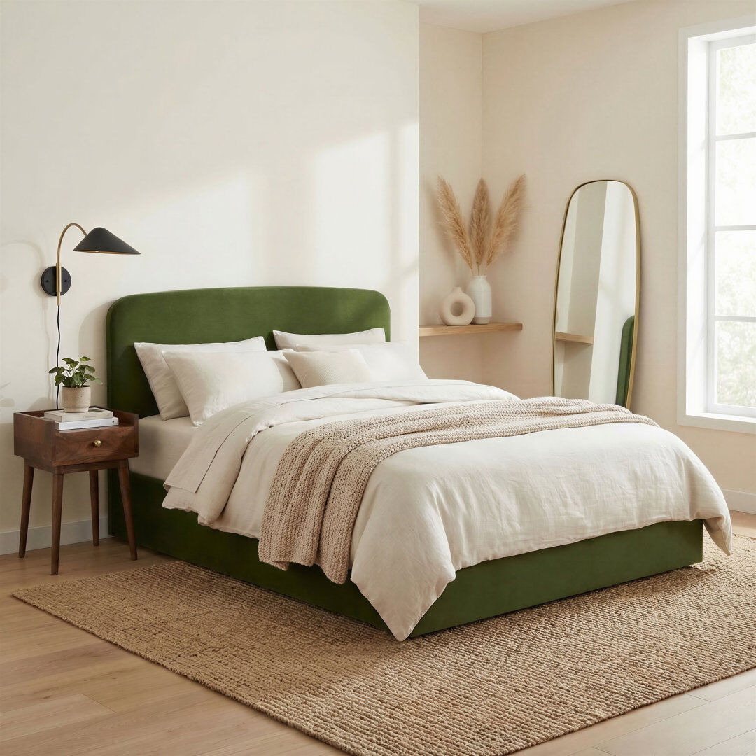 Ebern Designs Aemilia Upholstered Ottoman Bed Frame - Contemporay Elegant Headboard Design Green Velvet King