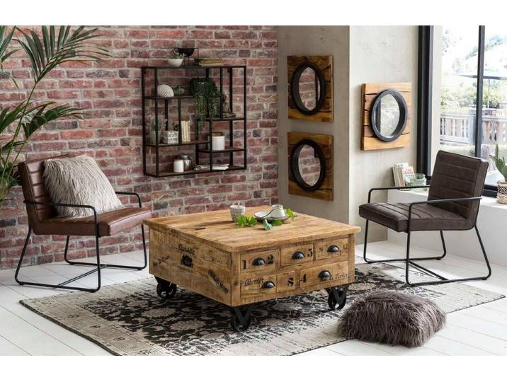 SIT Couchtisch Rustic Couchtischtruhe aus Mangoholz mit Rollen & Stauraum, 5 Schubladen, Klappe & Rollen für flexiblen Stauraum