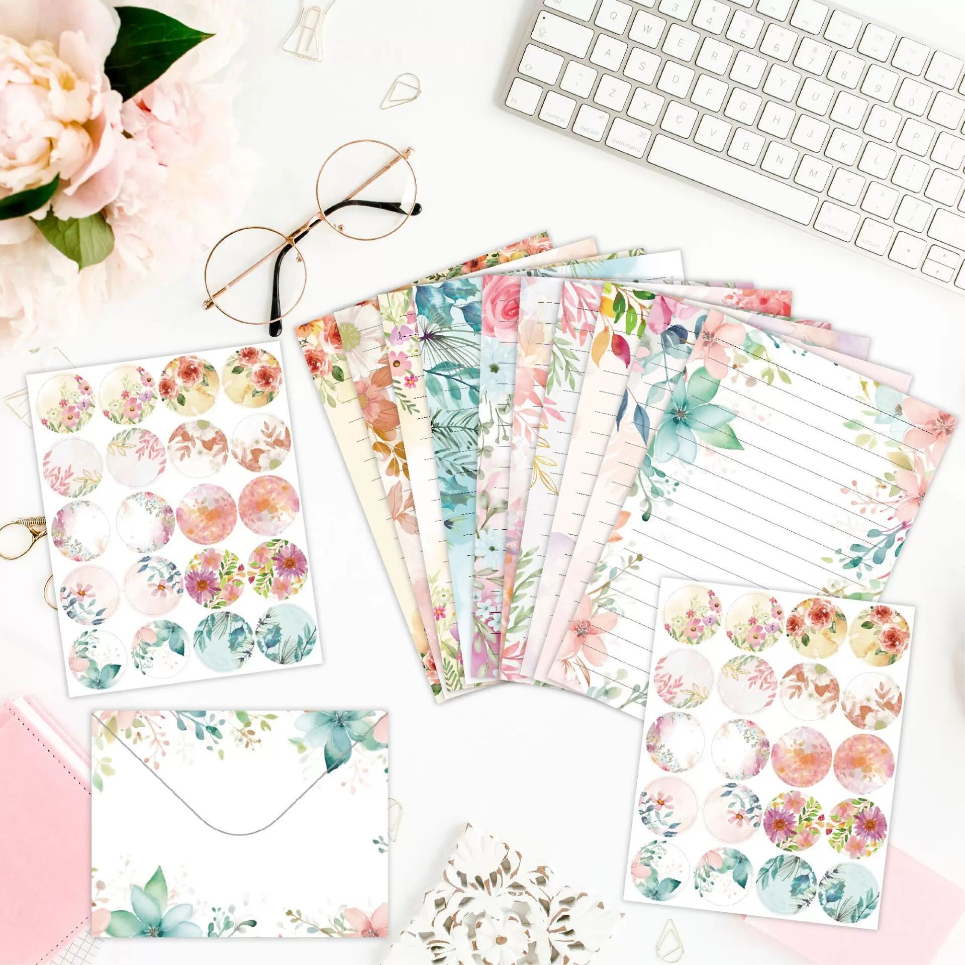 INF Ensemble de papeterie florale avec enveloppes - 160 pièces