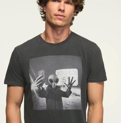 Lucky Brand Area 51 Alien Tee - Men's Clothing Tops Shirts Tee Graphic T Shirts in Jet Black, Size L