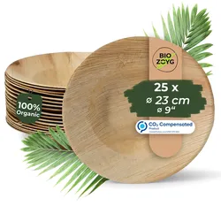 BIOZOYG 25 Stück tiefe Einwegteller Ø 23cm Suppenteller Palmblatt-Teller, Schale für Suppe und Eintöpfe, Partys und Catering, biologisch abbaubar