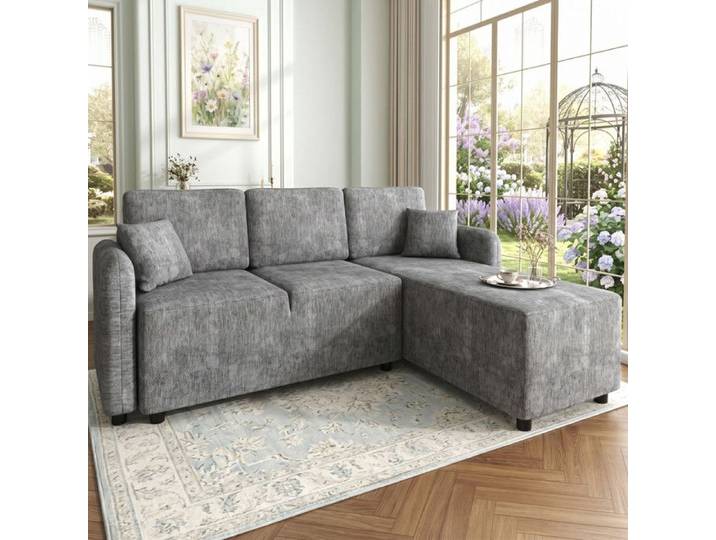 Canapé d'angle velours chenille 3 places avec 2 coussins méridienne en L adapté aux appartements aux résidences universitaires