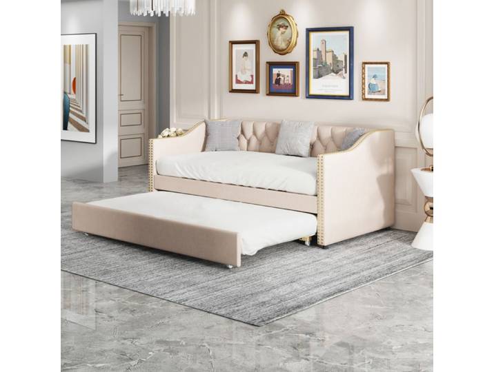 Lit gigogne 90 x 200 cm Lit enfant / Lit jeune / Canapé-lit Avec sommier extensible pour gagner de la place - Velours - Beige