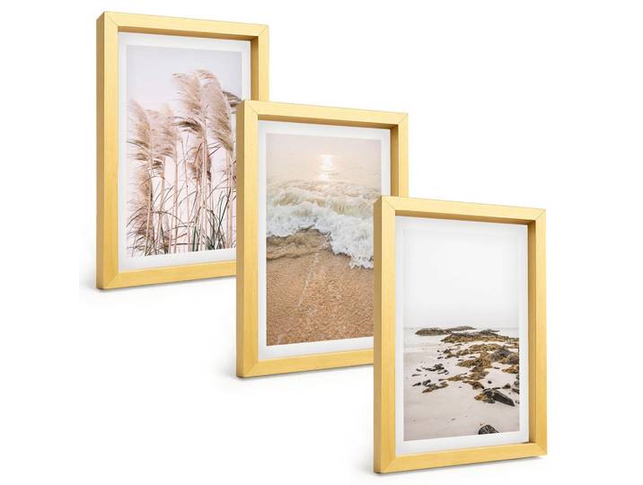 Tulup Bilder SET 3er Set - 20x30 cm Goldrahmen - Strandgras, Wellen, Steine, Boho-Stil, Goldfarben, Kunststoff, Rechteckig, 20x30 cm, Fotografie, Bilder & Rahmen, Bilder
