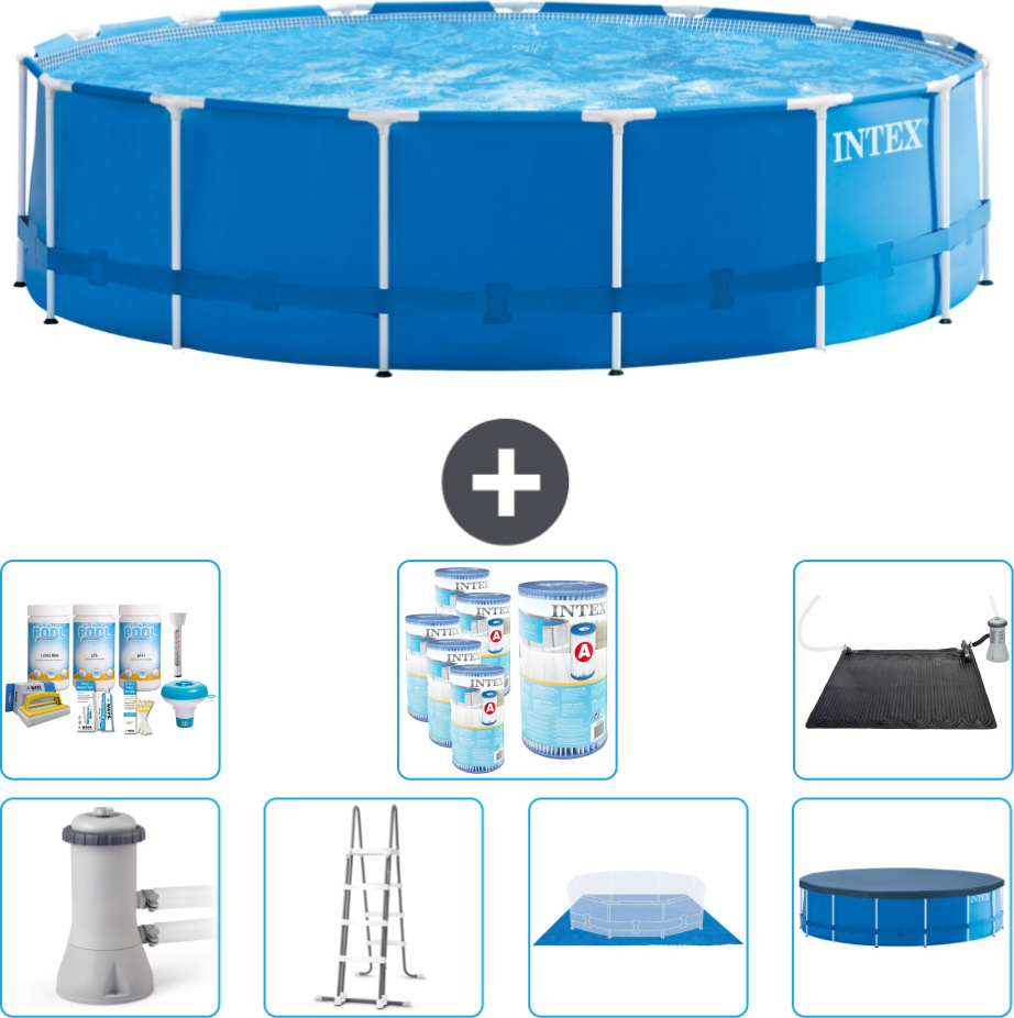 Intex Rundrahmen-Schwimmbecken - 457 x 122 cm - Blau - inklusive Pumpe - Leiter - Bodenplane - Abdeckung Wartungspaket - Filter - Solarmatte
