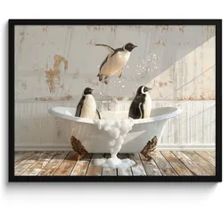 POSTER MIT RAHMEN Vintage - Pinguin - Badewanne - Schaumstoff 80x60 cm