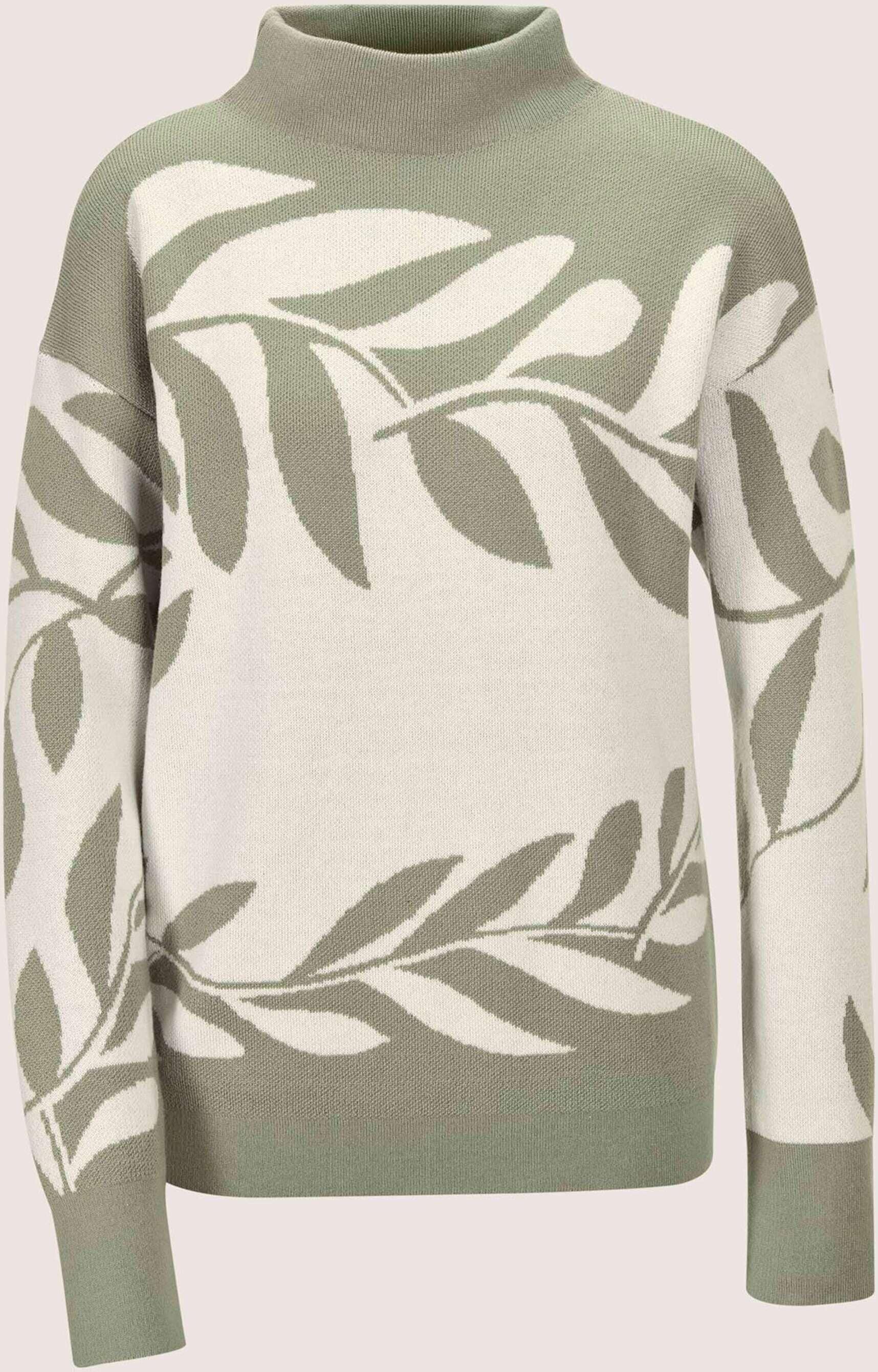 Longpullover MADELEINE "Jacquard-Pullover Moderner Winterpullover mit floralem Strickmuster", Damen, Gr. 40/42, grün (jadegrün, wollweiß), Modern, hoch geschlossener Ausschnitt, Pullover Longpullover, Jacquard