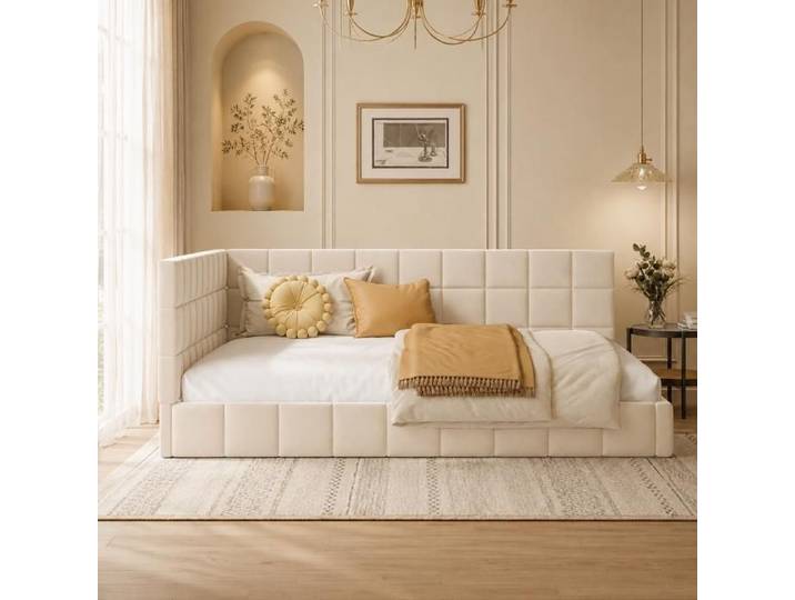 Lit banquette 140x200 cm beige en velours avec sommier canapé lit multifonction sans matelas