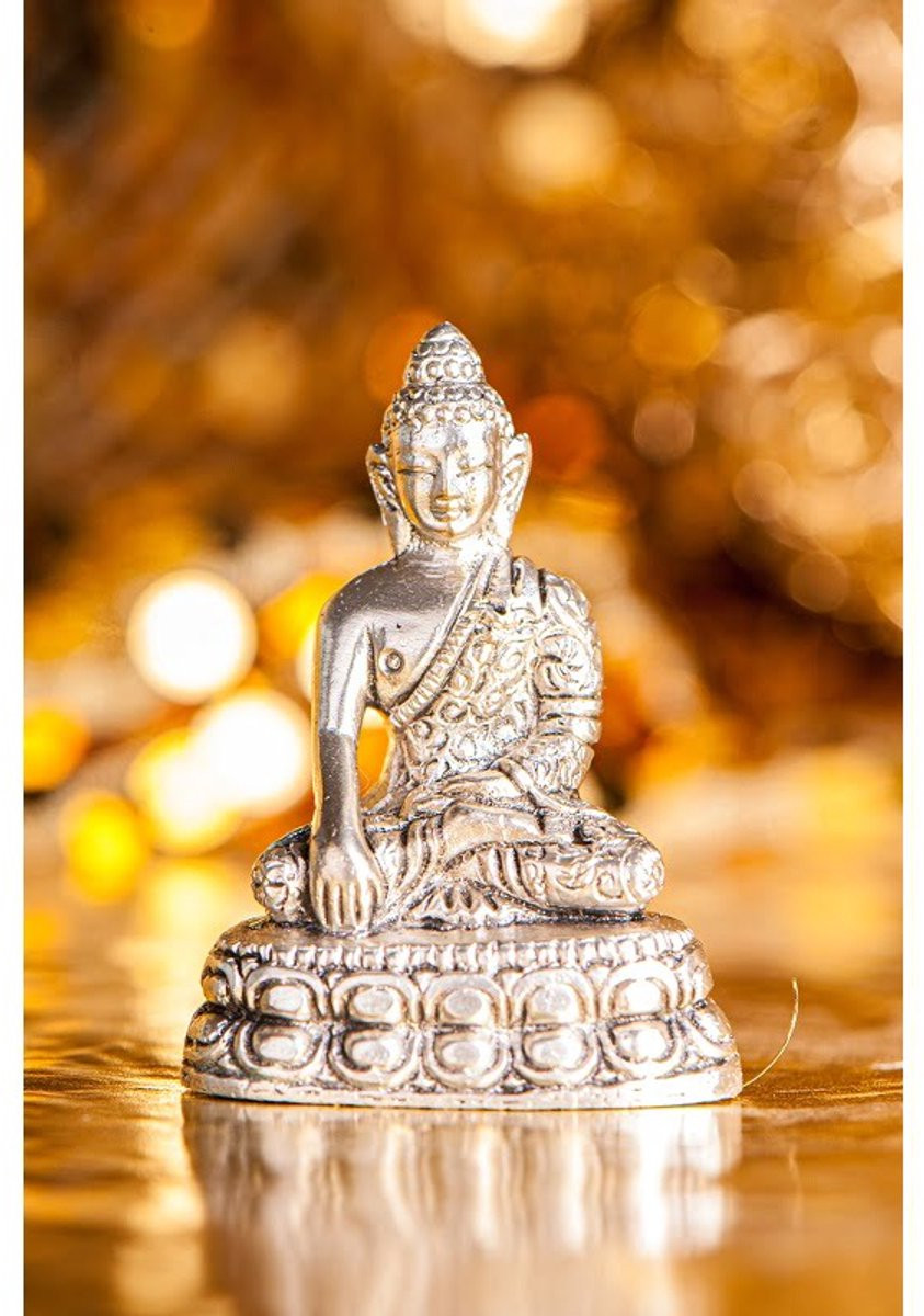Sakyamuni Boeddha Messing Beeldje Verzilverd 5,5 cm