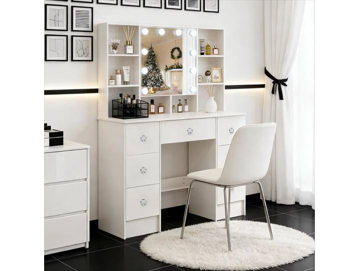 Coiffeuse Teousev à 7 tiroirs avec miroir éclairé LED 3 couleurs, commode de rangement pour chambre à coucher