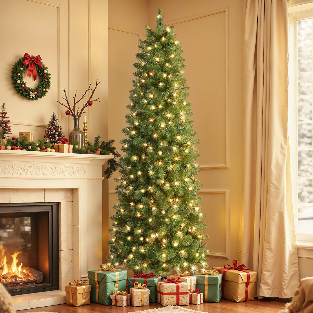 The Seasonal Aisle Lighted Artificial Slim Pencil Christmas Tree Green 9' H