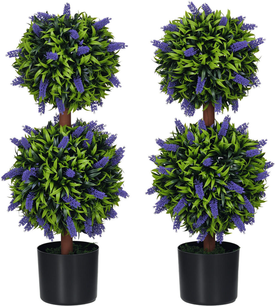 The Seasonal Aisle HOMCOM Set of 2 Potted Artificial Plants Ball Tree with Lavender Flowers, 70cm Green 70cm H X 20cm W X 20cm D