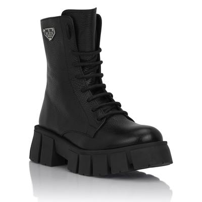 Bootsschuh PHILIPP PLEIN "Logo", Damen, Gr. 37, Normalschaft, schwarz (02, schwarz), Schuhe Bootsschuh