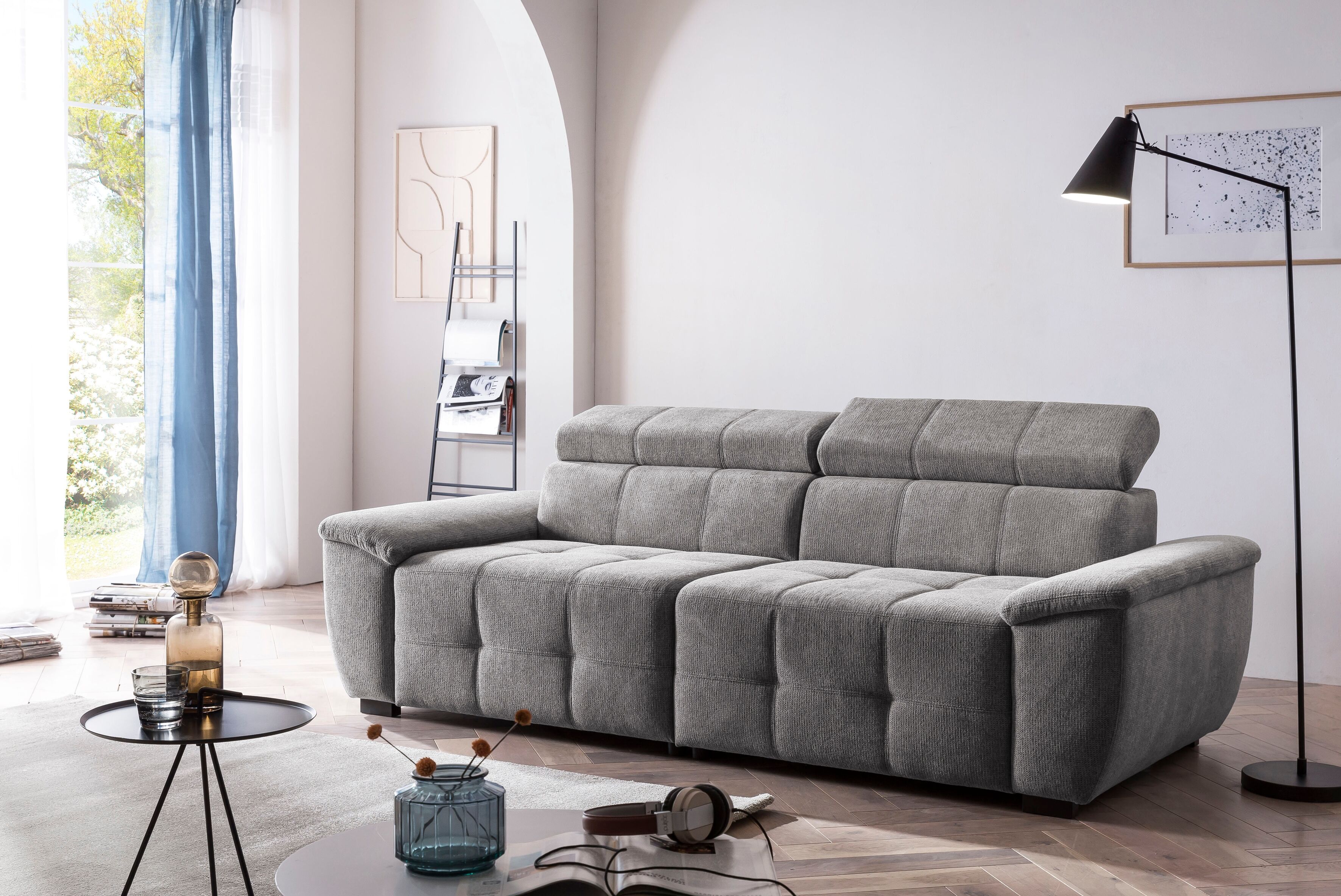 Big-Sofa EXXPO - SOFA FASHION "Exxpo MAVERICK, weicher Bezugstoff, hoher Sitzkomfort, Breite 240cm", grau (dunkelgrau), B:240cm H:80cm T:107cm, Sofas, Big-Sofa, inkl. verstellbare Kopfstützen, aufwendige Detailverarbeitung