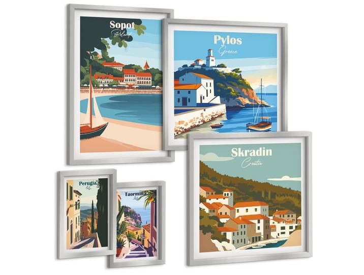 BILDER SET 5er Set - 50x50 cm & 20x30 cm & 40x60 cm Silberner Rahmen - Retro-Landschaften im malerischen Stil