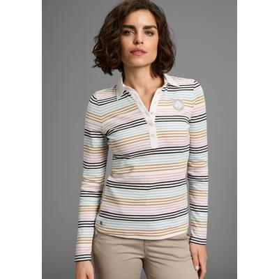 Poloshirt KANGAROOS, Damen, Gr. 32/34, beige (ecru gestreift), Interlock, Obermaterial: 100% Baumwolle, gestreift, lässig geschnitten hüftlang, abgesteppte Kante, Shirts, mit Polokragen, lässig geschnittene Passform, aus Interlock-Material