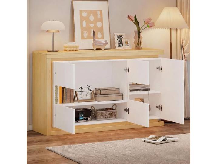 Buffet blanc structure bois laqué brillant 140x40x84cm avec éclairage LED verre trempé 4 compartiments rangement salon entrée bureau