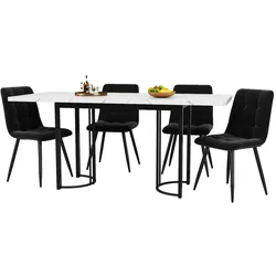 MODFU Essgruppe 5 teilig ausziehbar Esstisch mit 4 Samtstühlen Schwarz+Weiß 180x80x75 cm Metallgestell MDF Tischplatte modern