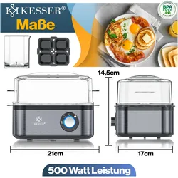 Kesser  Eierkocher für 1-8 Eier Edelstahl 500W, Warmhaltefunktion, BPA-frei, inkl. Messbecher, Eierkocher, Schwarz
