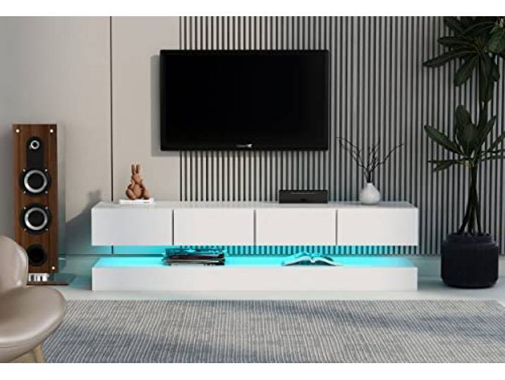 Merax LED TV Lowboard, Wandmontierter TV-Schrank mit 16-Farbiger LED-Beleuchtung, TV-Ständer mit 2 Schränken und 4 großen Schubladen für Fernseher bis 55 Zoll – Weiß