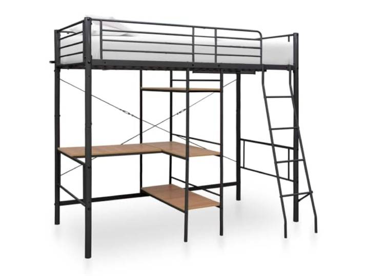 KGHFDVB Bett 208 x 97,5 x 186 cm aus Metall Grau-Braun Pulverbeschichtetes Metall, mit Leiter und durchgehendem Schutzgeländer, fürs Kinderzimmer, obere Koje 208 x 97, 5 x 186 cm