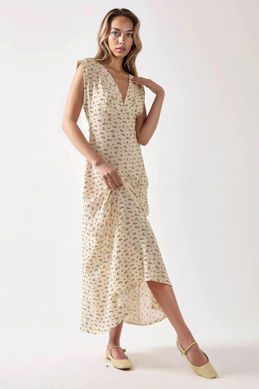 Blumiges V-Ausschnitt Midikleid
