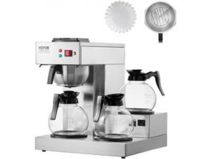 VEVOR Cafetière Filtre Commerciale 12 Tasses, Machine à Café Filtre Électrique en Acier Inoxydable, avec 3 Carafes en Verre et 3 Plaques Chauffantes, Prise d'Eau Automatique, pour Bureau, Café