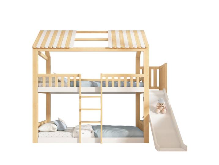 Redom Etagenbett 90/200 cm mit Giebeldach, Regal und Rutsche, Weiß/Natur, Naturfarben, 90x200 cm, Babymöbel & Kindermöbel, Kinderzimmer & Jugendzimmer, Stockbetten