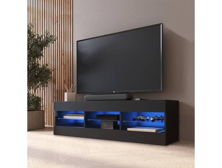 Komodee TV Schrank Tivoli A1 Schwarz/Schwarz 140x40,5x35,5 cm TV Schrank Tivoli, Schwarz/Schwarz, Breite 140cm x Höhe 40,5cm x Tiefe 35,5cm, LED Blau, für Wohnzimmer