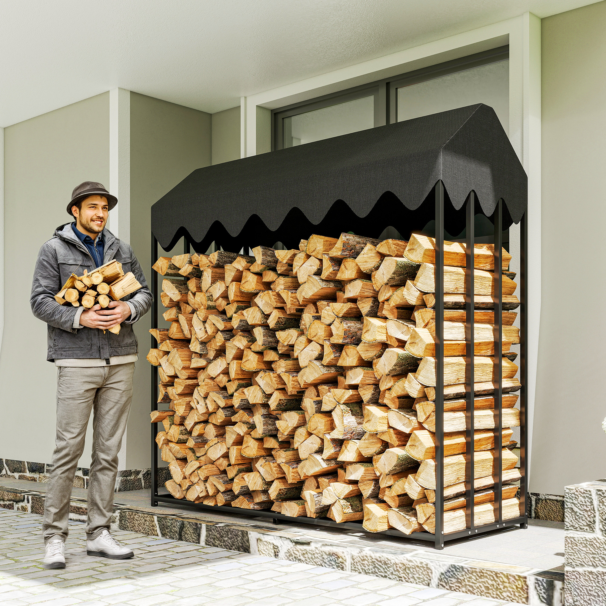Outsunny Portalegna da esterno, con copertura 600D Oxford capacità 1,9 m³, acciaio 186x70x185cm nero   Aosom Italy