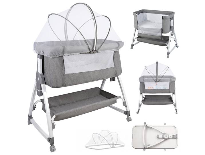 Lit bébé 4-en-1, lit d'appoint portable, berceau multifonctionnel et table à langer, matelas, moustiquaire, panier de rangement, hauteur réglable