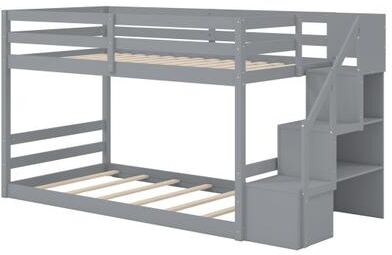Costway Twin Over Twin Low Bunk Bed with Storage Stairs Solid Wood Floor Bunk Bed Frame-Gray