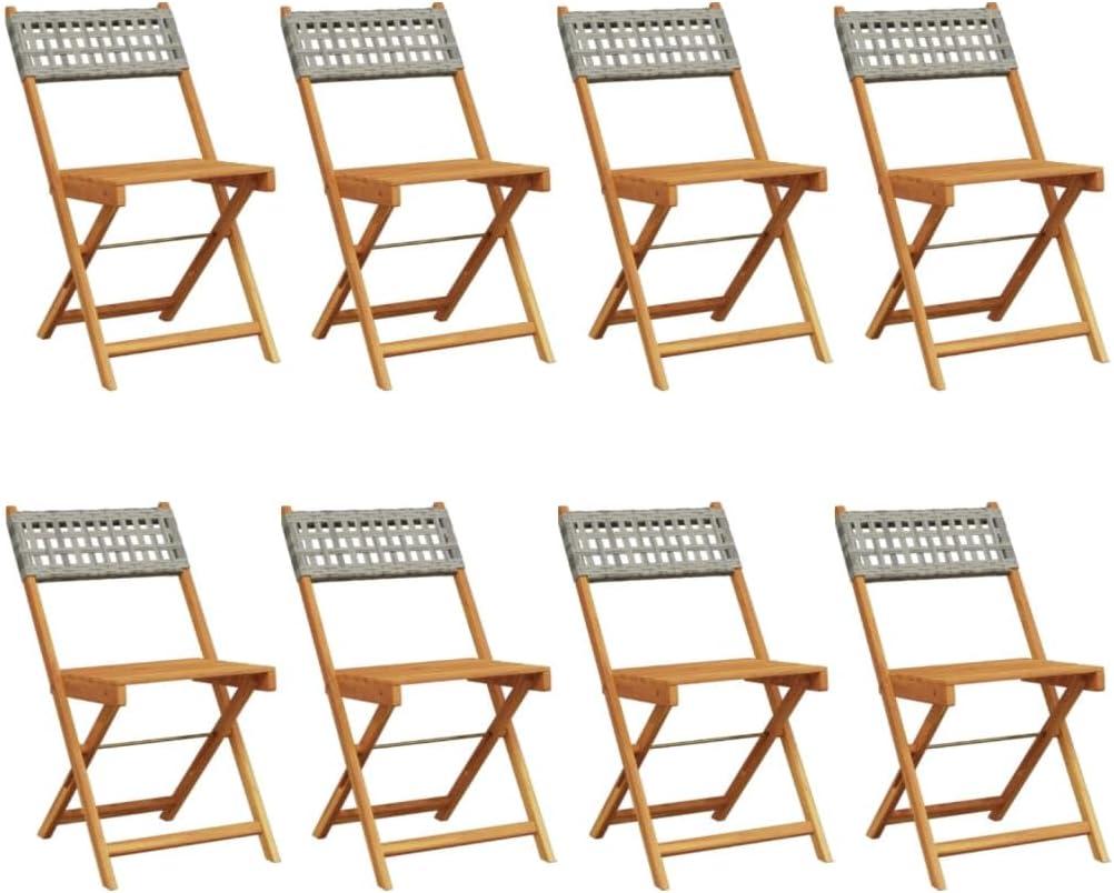 8er-Set graue Klappstühle für den Garten aus Poly-Rattan und massivem Akazienholz mit Armlehnen für Terrasse und Balkon