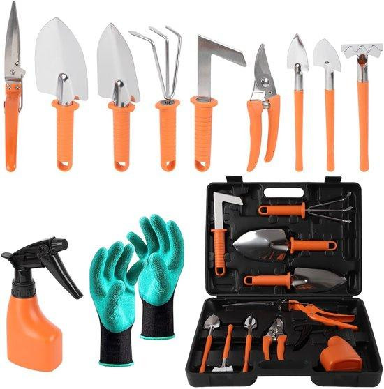 Unyqoos 11-delige tuingereedschapset met draagtas en handschoenen, roestvrij staal met antislip rubberen handgrepen, inclusief hark, schep, onkruidsteker en snoeischaar