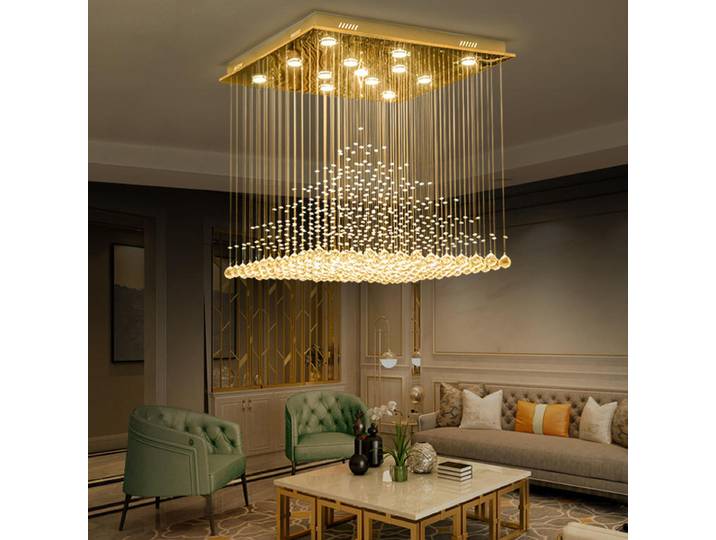 Lustre carré à boule de cristal K9, suspension, luminaire, rideau en verre goutte de pluie, lumière LED