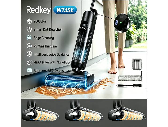 Aspirateur-laveur sans fil autonettoyant Redkey W13 SE, pliable, silencieux, charge rapide, 20000 Pa, autonomie 75 min, pour sols domestiques