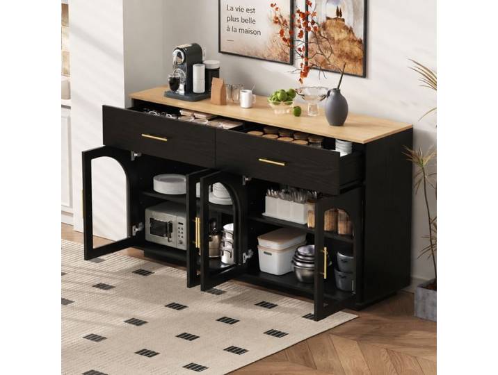 Norevia buffet de cuisine avec éclairage LED portes et rangements noir et bois naturel 147 cm