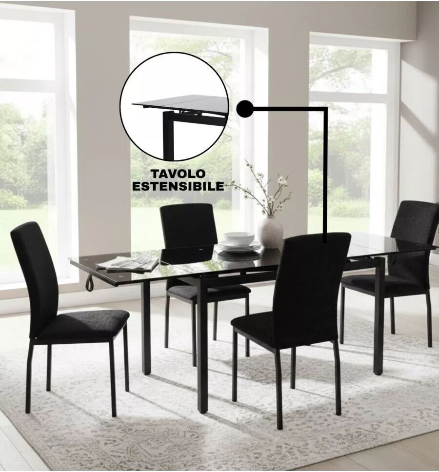 BellaHome SET PRANZO MINORCA NERO 4 SEDIE + 1 TAVOLO