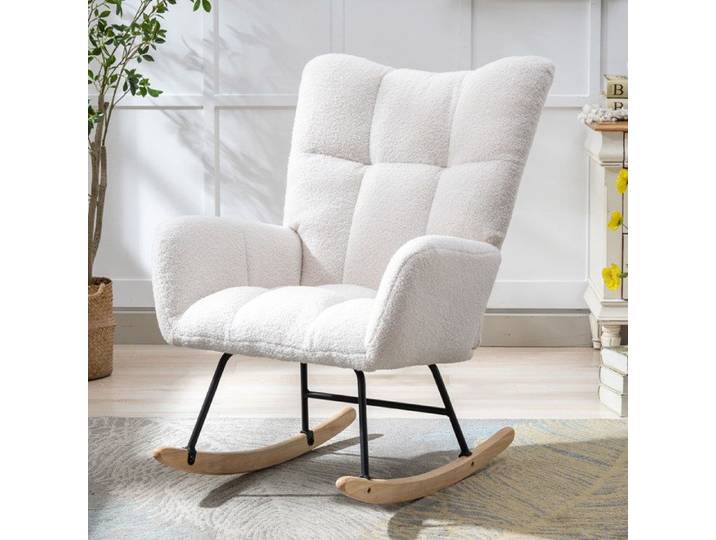 Fauteuil à Bascule 1 Place avec Poche - HAVRYA - Dossier à Oreilles Accoudoirs Tissu Teddy et Bois - Blanc