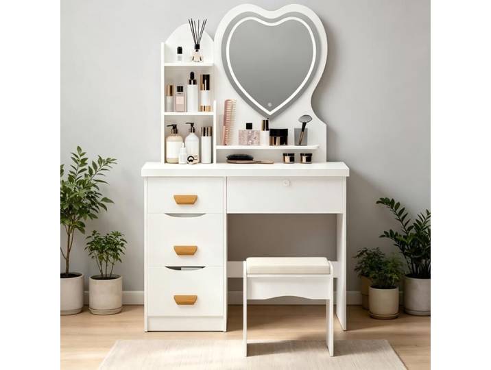 Coiffeuse avec miroir cœur LED et tabouret – Design moderne fonctionnel et durable - Blanc - 80x40x135 cm