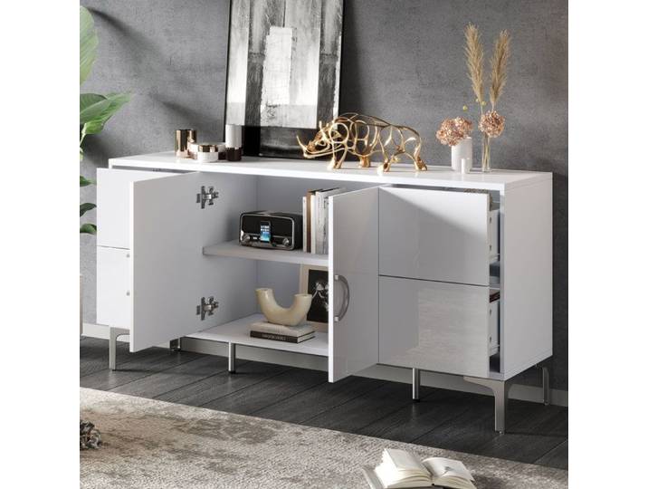MEUBLIV Buffet bas blanc brillant 150 x 38 x 59 5 cm 4 tiroirs 2 portes MDF pieds métal