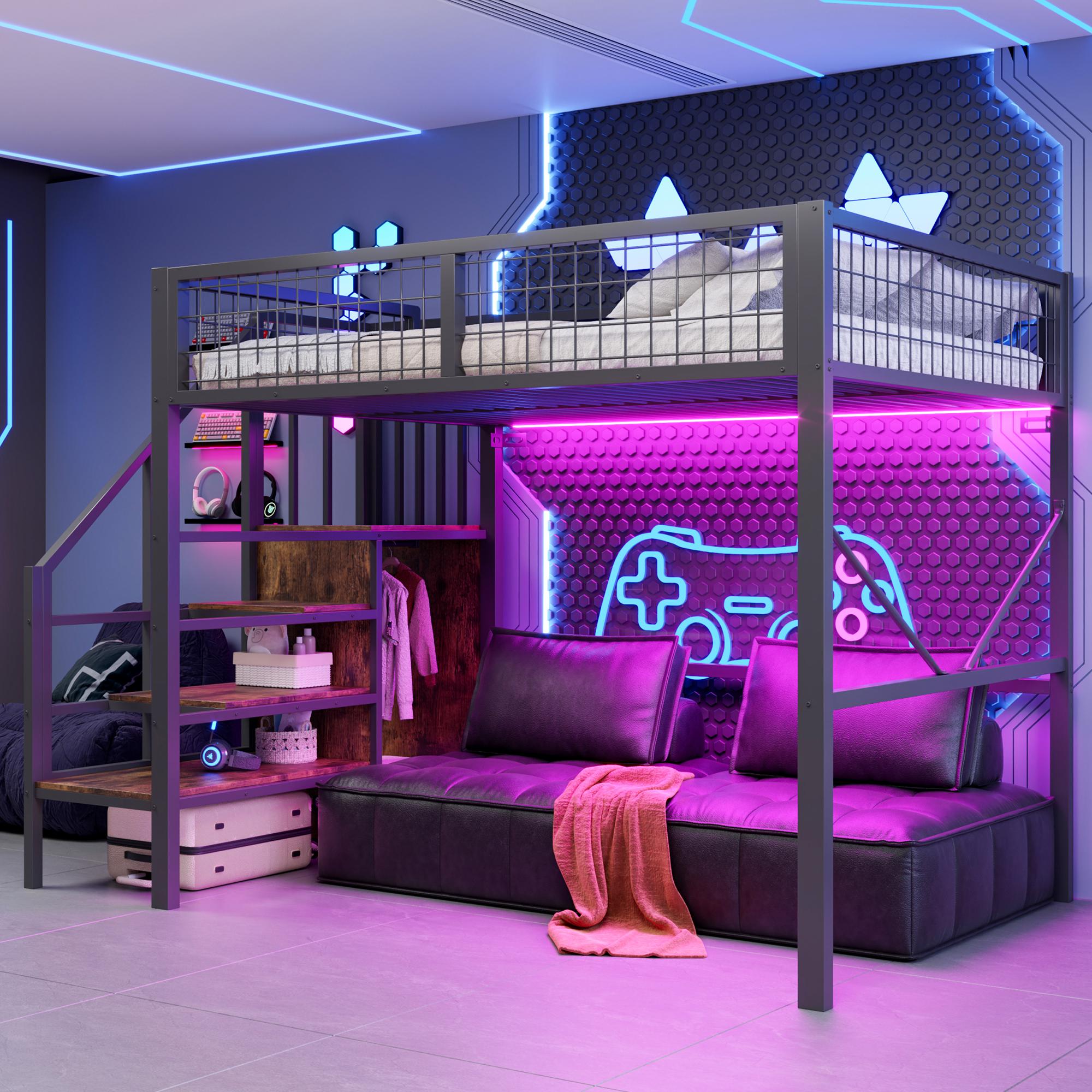 Merax Metall-Hochbett Etagenbett 140×200 cm mit Stauraumleiter, Kinderbett mit LED-Beleuchtung und Sicherheitsgitter, 144cm Freiraum, Holz, Schwarz