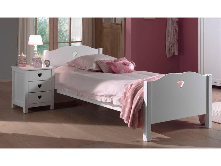 Kinderbett VIPACK Amori, mit nostalgischer Herz-Optik, geschwunges Kopf- und Fussteil , weiss (weiß, weiß, weiß), B:96cm L:212cm, Beschläge, Scharniere und Kleiderstangen aus Metall., Betten, Kinderbett, Metallwinkel als Rahmenauflage, nur für festen Lattenrost geeignet