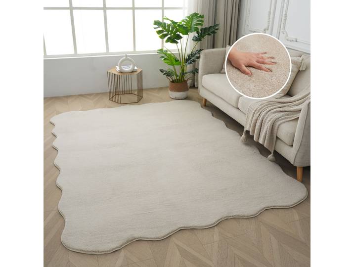 Teppich GOODPRODUCT Cali Welle, Wellenform, modern, Premium-Qualität , beige (creme), B:90cm H:16mm L:160cm, Kunstfaser, Microfaser, Teppiche, Teppich, Uni-Farben, kuschelig, & weich, waschbar, Felloptik, Wohnzimmer