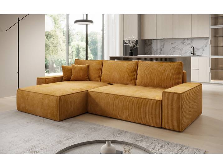 Designer Ecksofa Lunaro mit Schlaf- und Klappfunktion in Cord - Cord - Amber - Links - Luxusbetten24