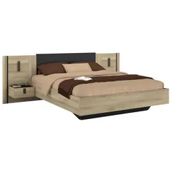 Parisot, Bett, Bett mit 2 Nachttischen - KIERAN - 160 x 200 cm - Eiche / Schwarz - (160 x 200 cm)