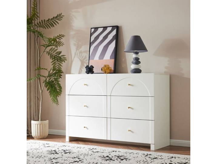 Commode avec 6 Tiroirs Design incurvé Armoire de Chambre Elégante Moderne Poignée dorée Blanc 120x40x82cm